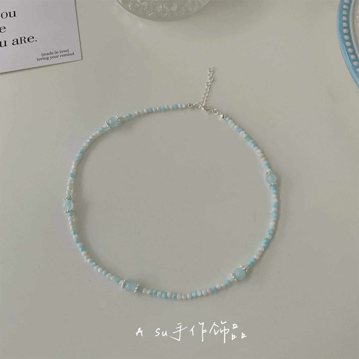 【满25包邮】气质贝珠串珠项链女锁骨链百搭颈链蓝色圆珠链