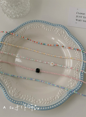 彩色米珠串珠项链女锁骨链