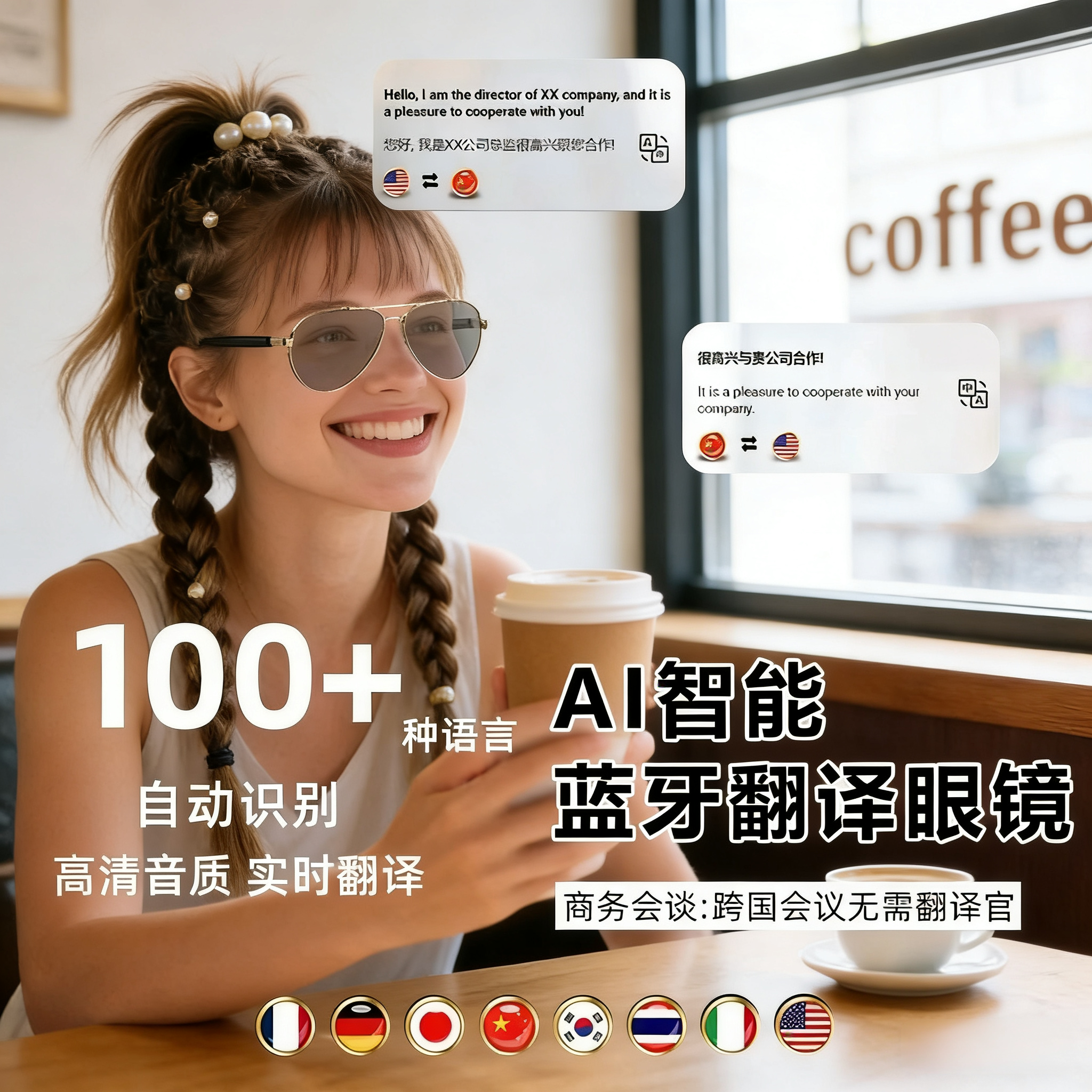 蓝牙智能ai眼镜太阳眼镜多功能实时翻译耳机通话听歌两不误黑科技