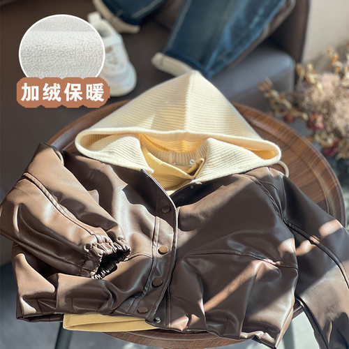 男童皮衣外套冬季儿童加绒连帽衫小童加厚夹克大童保暖冬装上衣冬