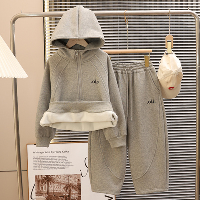男童冬季加绒卫衣套装运动2025新款儿童加厚一体绒两件套男孩冬装