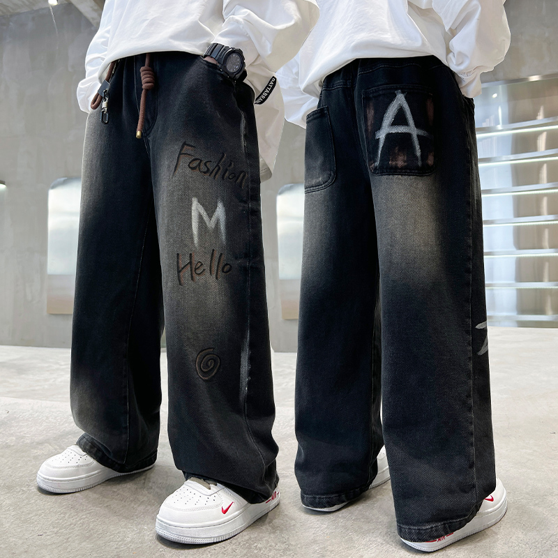 男童秋冬牛仔裤儿童中大童宽松直筒休闲裤男孩冬季加绒炸街长裤子