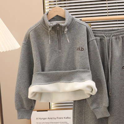 男童冬季加绒卫衣套装2025新款大儿童运动两件套男孩加厚休闲冬装