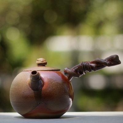 纯手工柴烧壶侧把壶 自然落灰釉色泽缦美原创拟态遒劲捆扎松柴