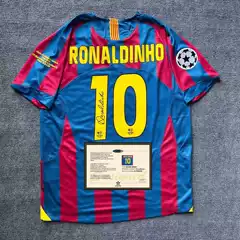 0506 Barcelona Home Jersey, Fan Version Signed by Ronaldinho and Messi, Printed Signature Football Training Uniform, Collector's Commemorative Edition