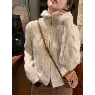 【羊驼绒】短款高领拉链毛衣女开衫秋冬新款宽松软糯麻花针织衫外