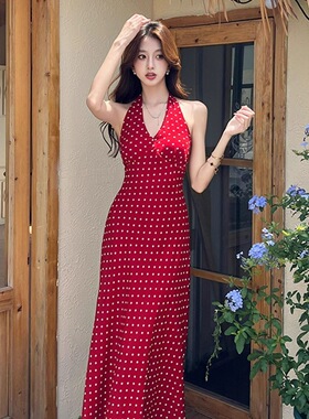 法式复古甜心V领红色波点挂脖连衣裙女夏季露背绑带无袖背心长裙