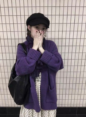 复古软糯紫色V领毛衣开衫外套女2025秋季新款宽松慵懒风针织上衣