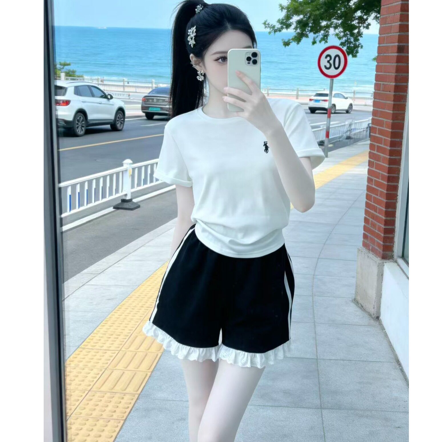 韩式性感纯色修身短裤女俏皮减龄阔腿裤花边拼接双杠休闲百搭裤子