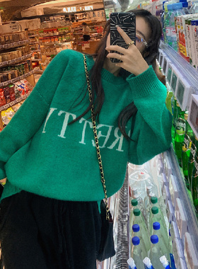 橙色套头毛衣女秋冬复古日系韩版宽松慵懒风古着针织打底衫