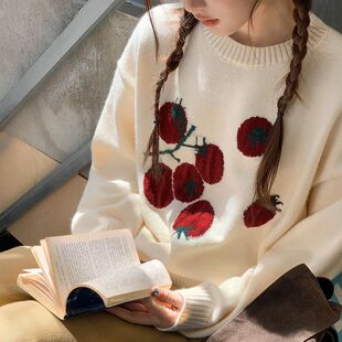 卡农串收小番茄圆领基础款宽松番茄提花圆领针织毛衣