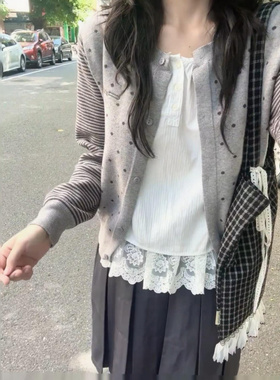灰色波点针织开衫女早秋穿搭拼接条纹毛衣外套修身减龄学院风上衣