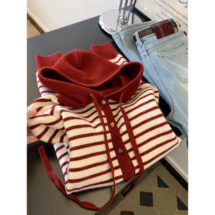 实价【绵羊绒】冬季红色新年条纹连帽毛衣女开衫早春宽松百搭针织