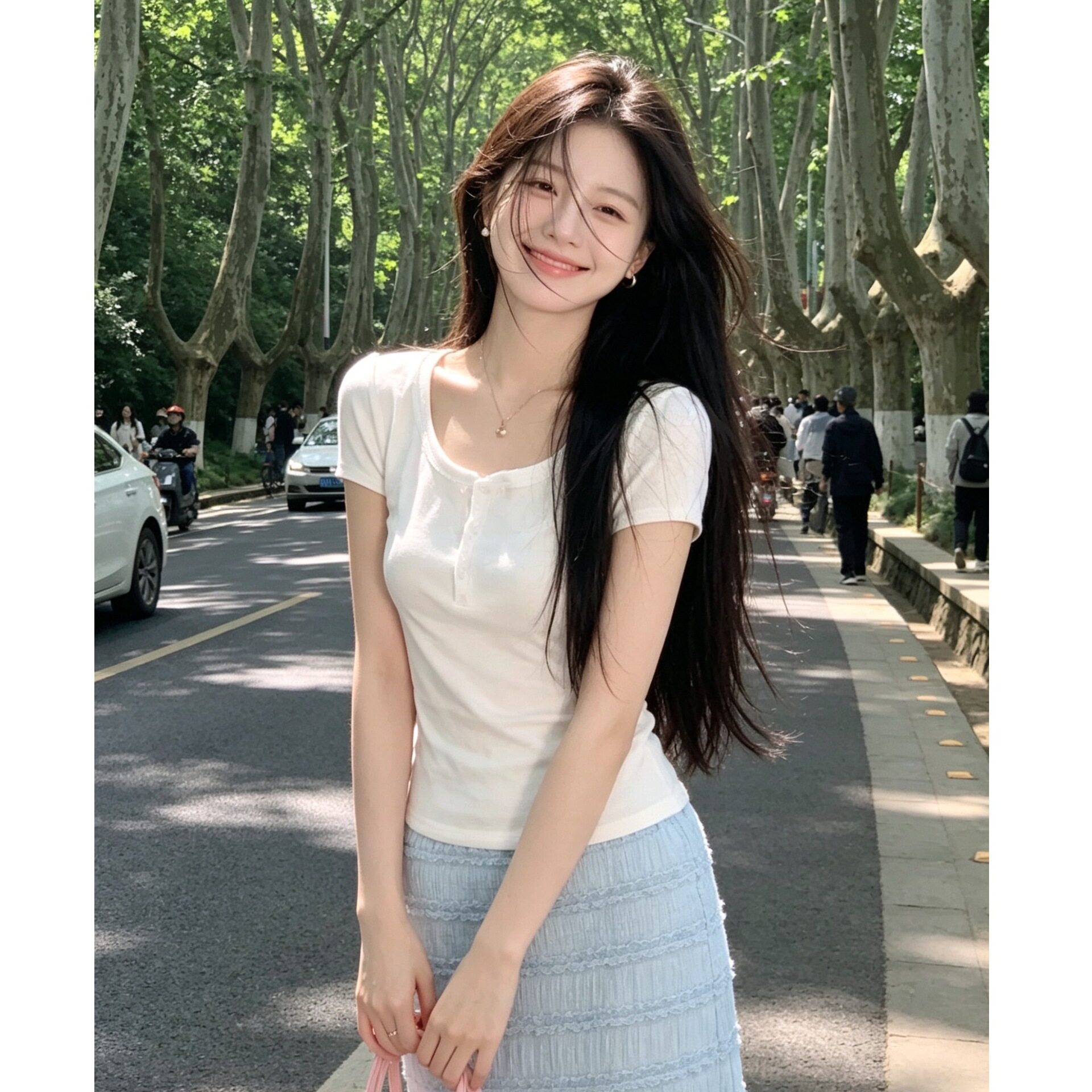 高腰显瘦蓝色直筒裙女夏鱼尾裙中长款包臀半身裙+T恤甜妹两件套