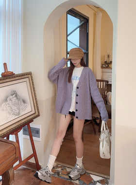 实价【绵羊绒】韩系慵懒风软糯紫色针织开衫秋季新款百搭毛衣女外