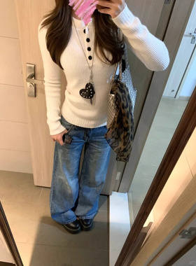 棉羊绒韩版亨利领毛衣女秋冬季新款白色针织打底衫修身上衣潮