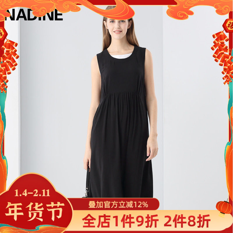 慵懒感连衣裙人棉撞色假两件宽松褶皱无袖长裙子女夏装新款