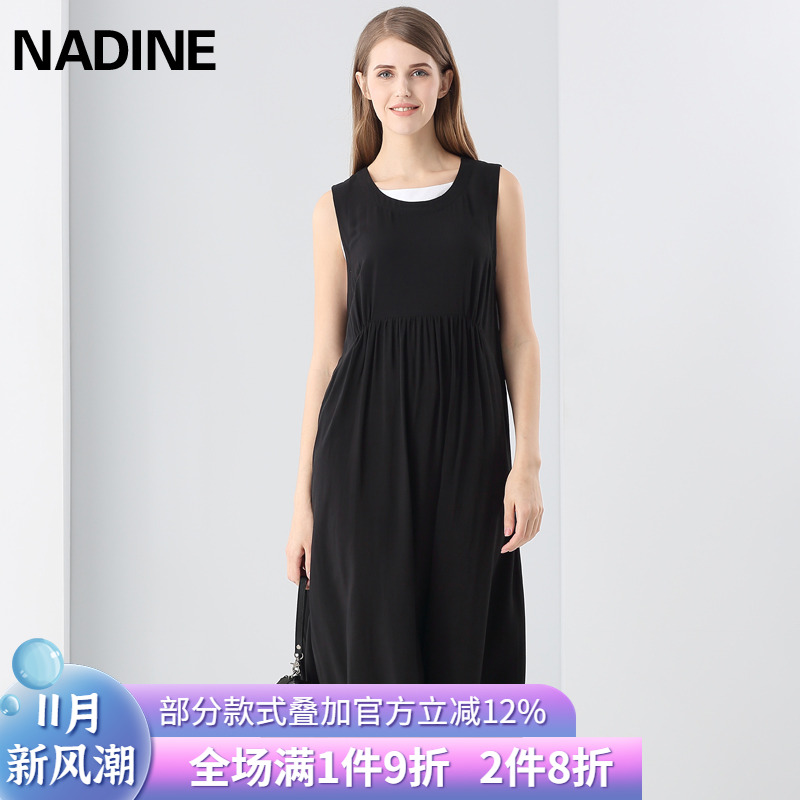 文艺风连衣裙人棉撞色假两件宽松褶皱无袖长裙子女夏装新款