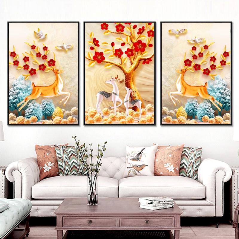 5d钻石画满钻简约现代客厅发财鹿三联画十字绣点贴钻石绣新款餐厅