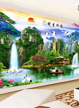 5D钻石画满钻客厅新款山水风景迎客松砖石绣手工自己点贴钻十字绣