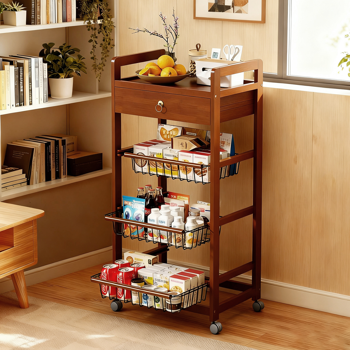 置物架零食置物架小推车收纳架落地多层客厅整理架带轮移动储物架