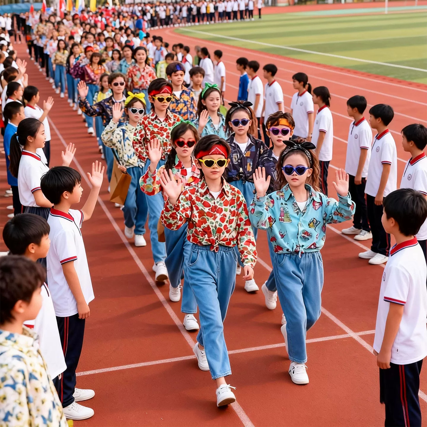 复古港风8090年代花衬衫表演服装儿童啦啦队演出服学生运动会开幕图片