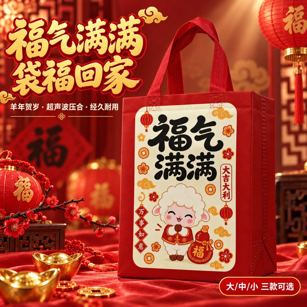 新年福气满满羊年无纺布手提袋加厚福袋元旦礼品袋礼物包装袋子