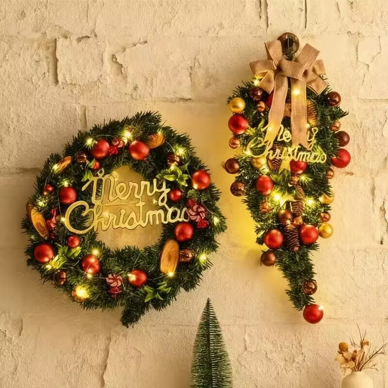 圣诞节装饰品圣诞树花环藤条牛角香槟金墙挂门挂酒店商场场景布置