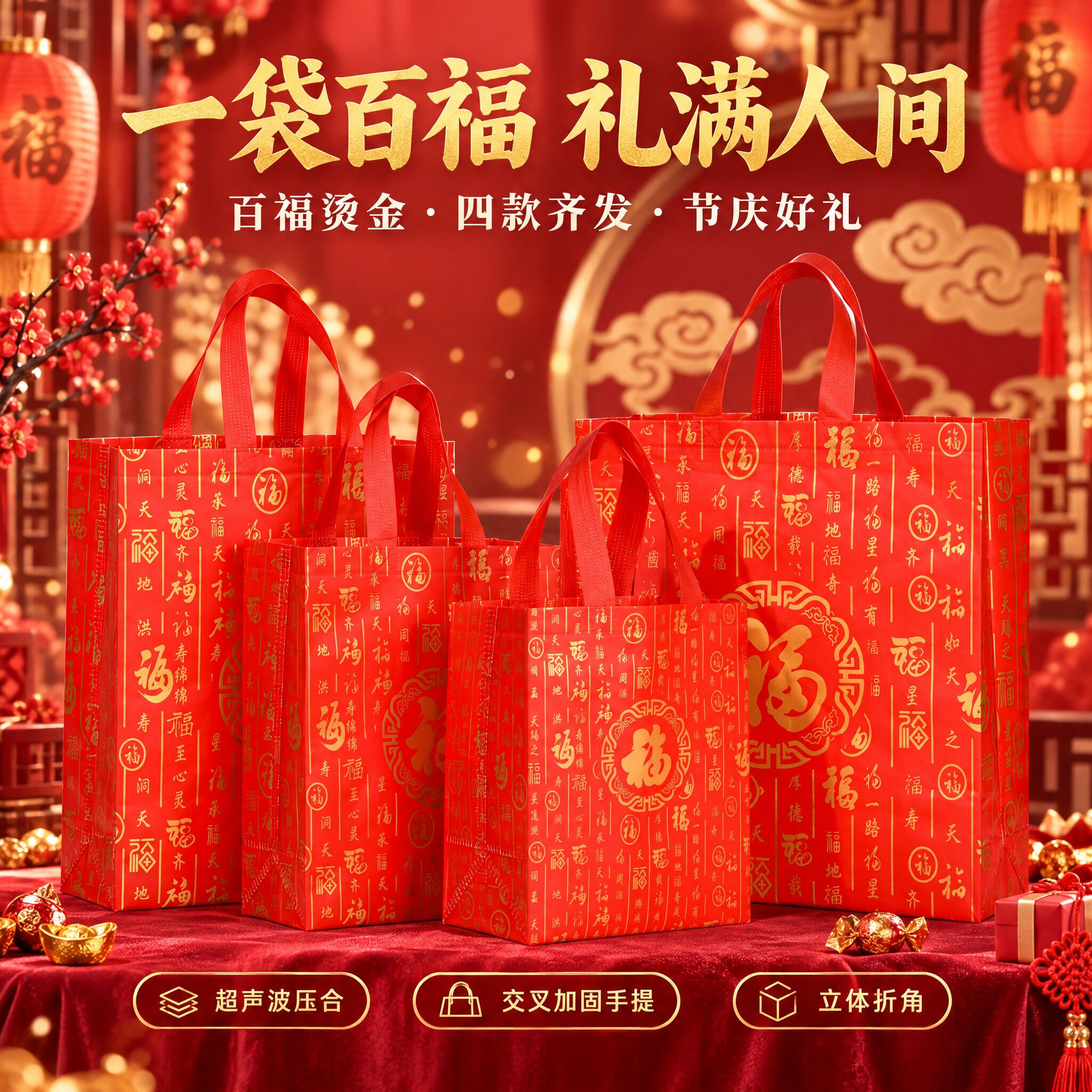 2026新款无纺布手提礼品袋福袋过新年新年喜庆送礼福字结婚
