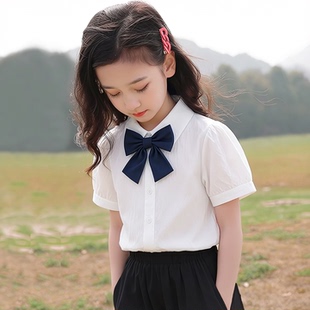 女童夏装短袖衬衫白色学院风翻领蝴蝶结洋气小飞袖上衣元气轻活风