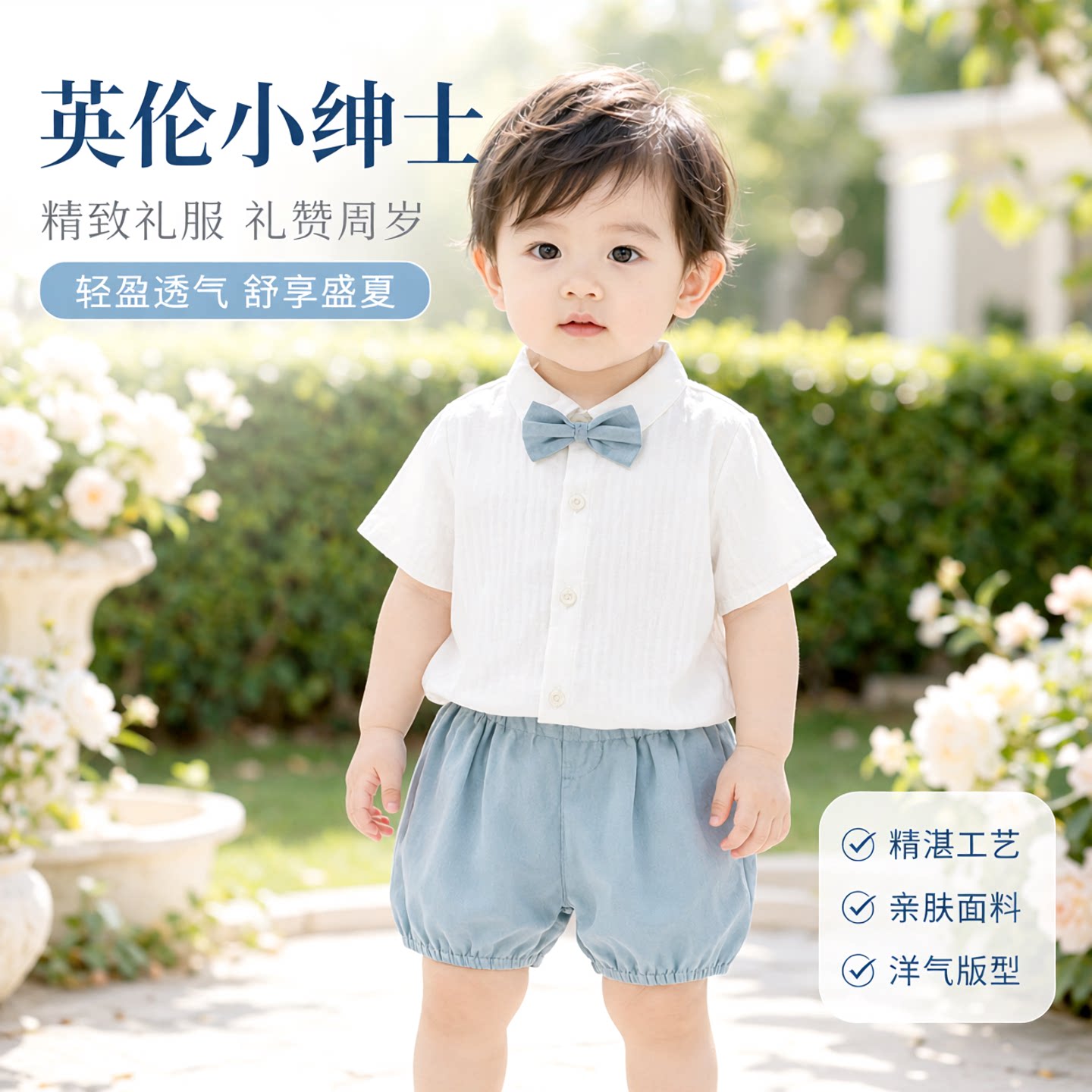 英伦男童夏装套装白色衬衫短裤两件套洋气休闲周岁礼服生日礼物薄