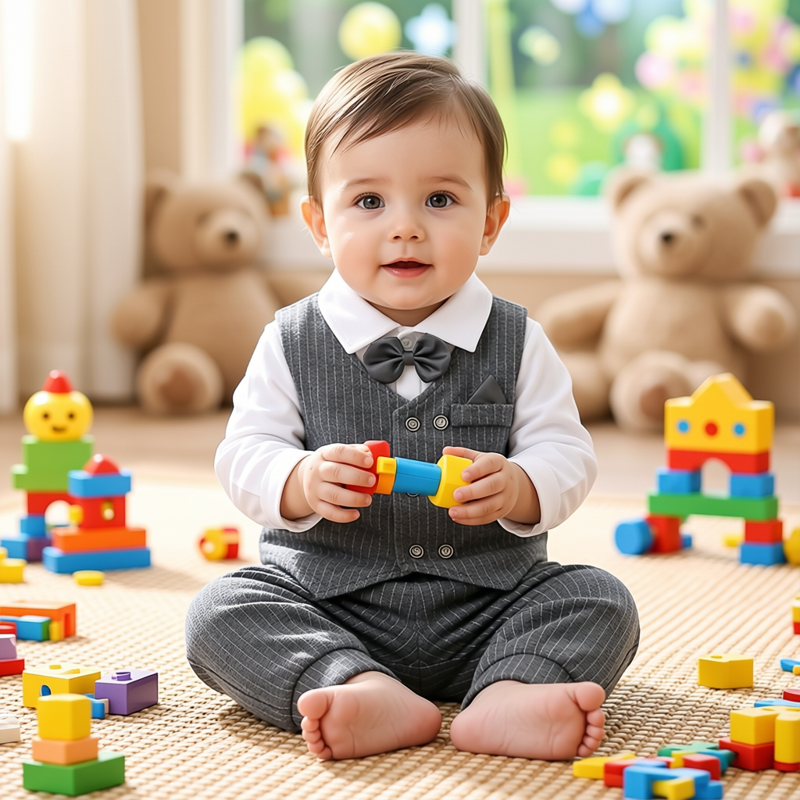 男童小西装套装春秋冬2025婴儿长袖衬衫长裤马甲夹棉宝宝周岁礼服