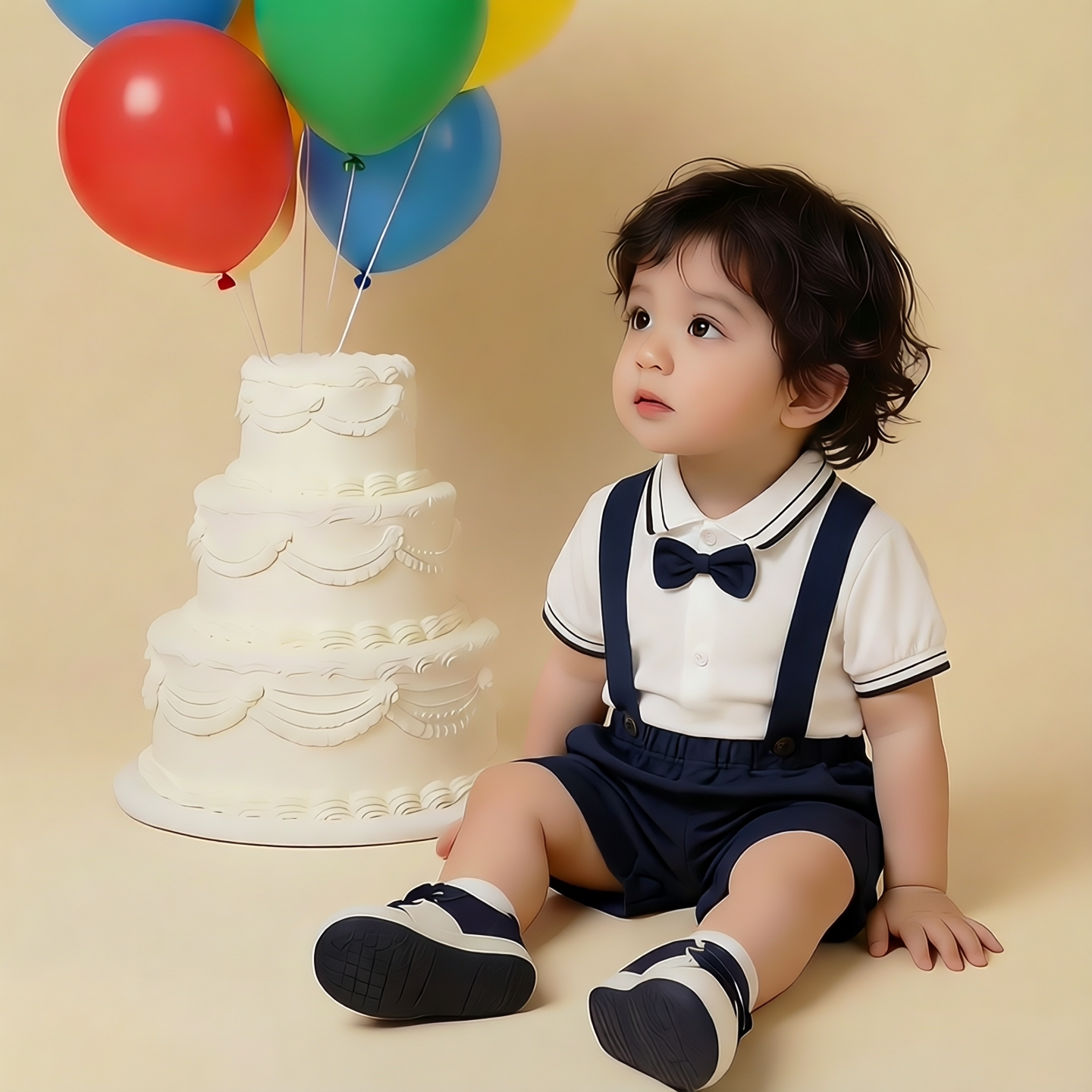 儿童绅士风白蓝色背带套装男童生日礼物夏季翻领蝴蝶结抓周两件套