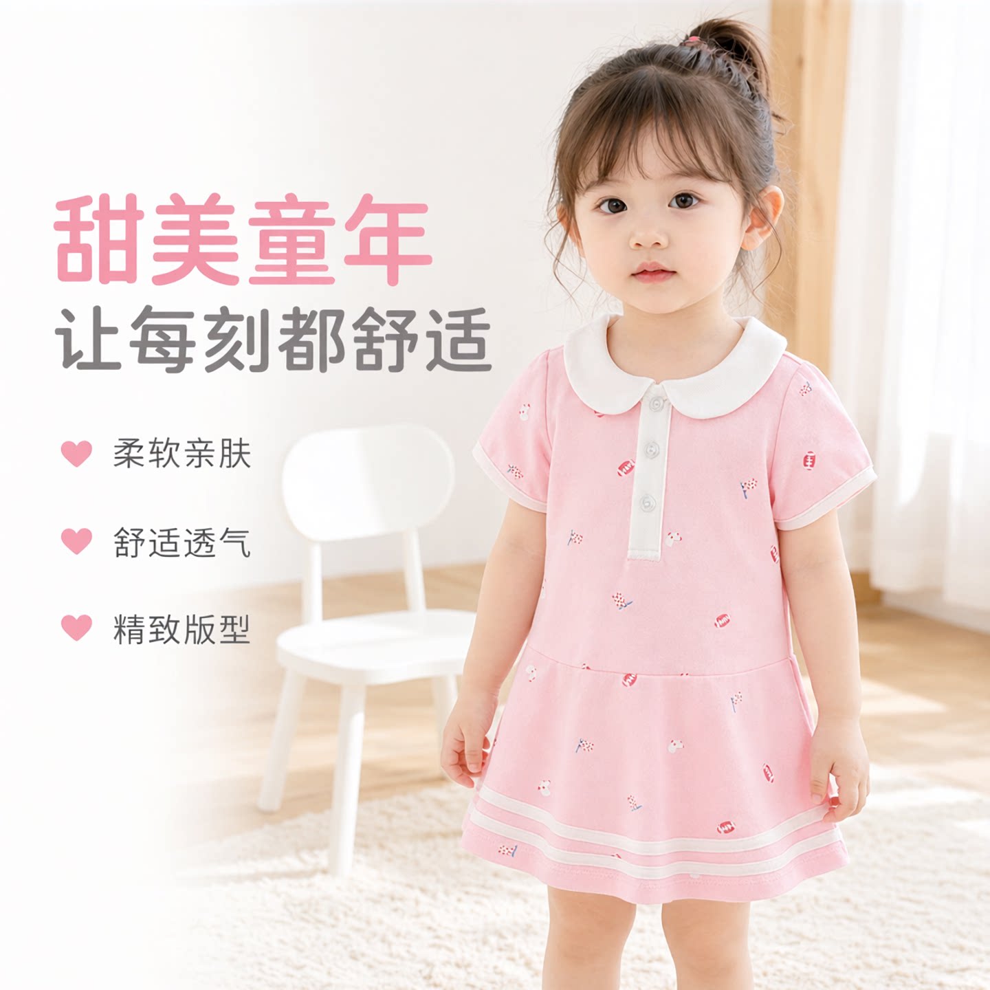 女童连衣裙夏装幼儿园2026纯棉粉色公主裙子POLO领宝宝夏季A字裙
