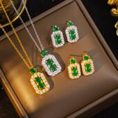 轻奢祖母绿几何钛钢项链耳钉高级时尚 欧美爆款 毛衣链 套装