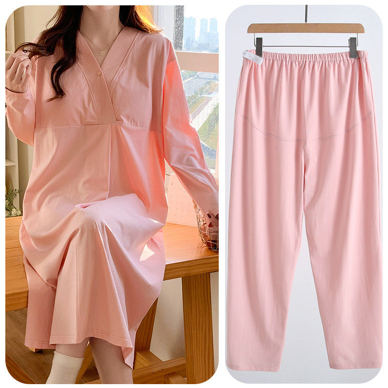 哺乳连衣裙加裤子纯棉孕妇睡裙带胸垫待产裙春秋季产房产检孕妇装