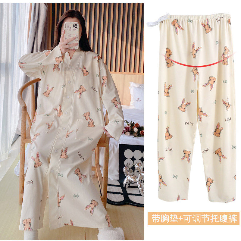 纯棉哺乳睡裙孕妇家居服生产服薄款带胸垫套装春秋睡衣医院待产裙