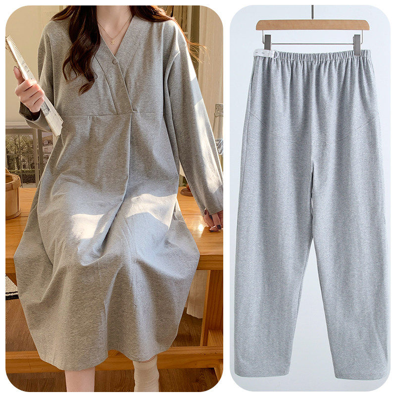 纯棉孕妇睡裙带胸垫待产裙春秋季产房产检孕妇装哺乳连衣裙加裤子