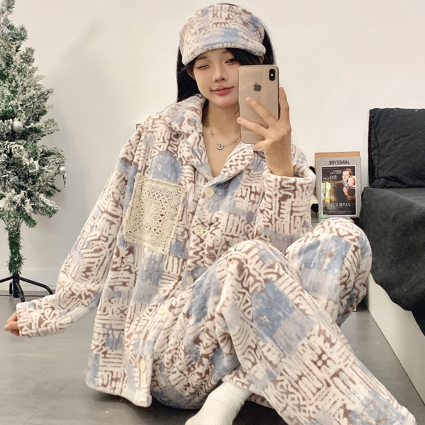 带月子帽月子服法兰绒哺乳孕妇秋冬季加绒加厚产后住院睡衣珊瑚绒