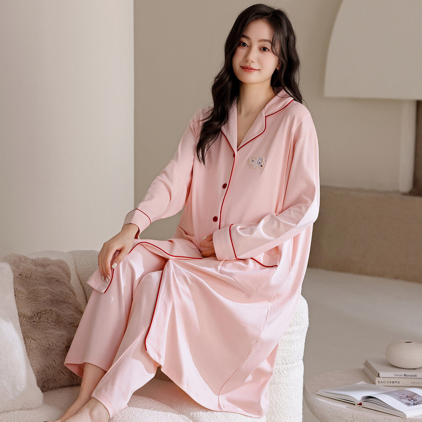 月子服春秋纯棉产后哺乳睡裙两件套中长款孕妇睡衣夏季薄款待产裙