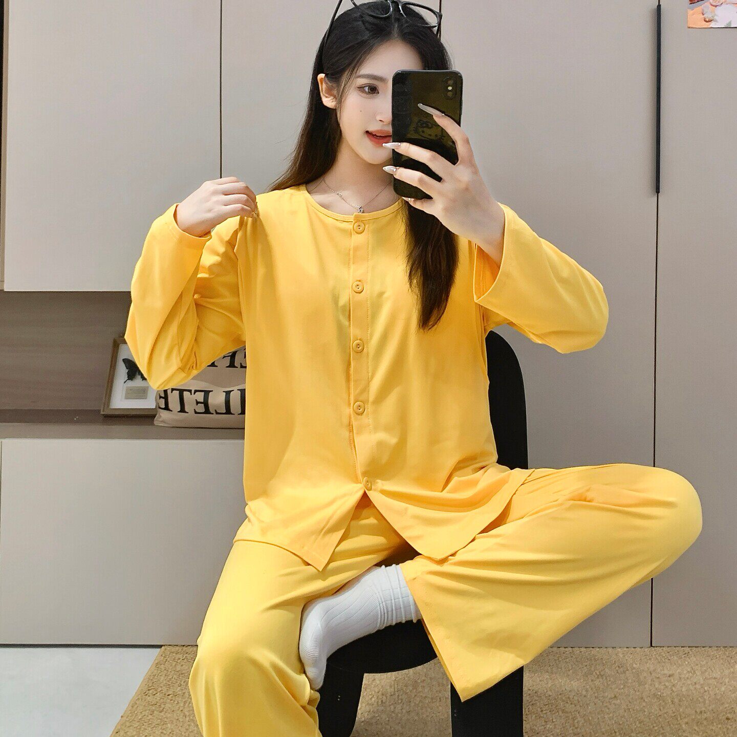 不勒肚带胸垫纯色孕妇睡衣春秋季棉产妇出院哺乳月子服夏薄款圆领