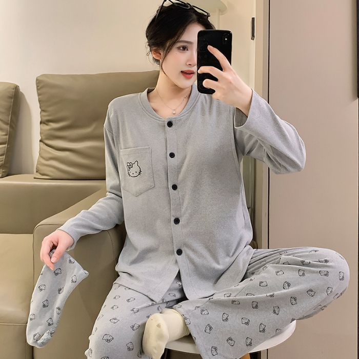 孕妇睡衣哺乳带胸垫纯棉秋冬季加绒加厚发热月子服春秋款产后德绒