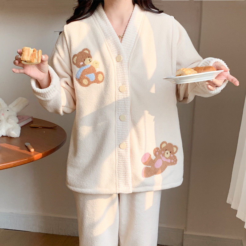 冬天待产喂奶套装哺乳期加绒加厚月子服秋冬季产后珊瑚绒孕妇睡衣
