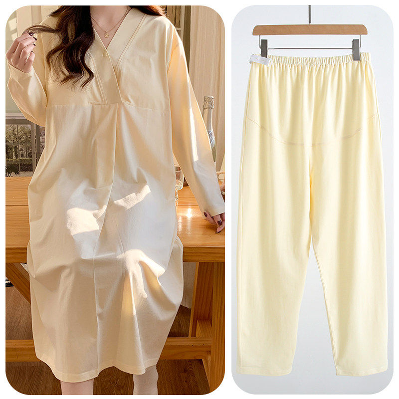 春秋季产房产检孕妇装哺乳连衣裙加裤子纯棉孕妇睡裙带胸垫待产裙