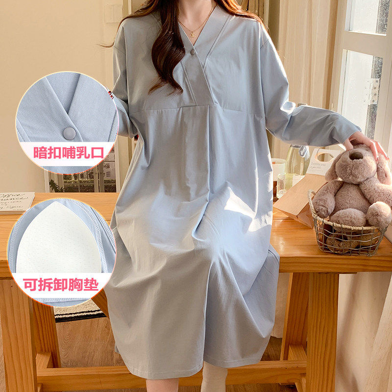 带胸垫待产裙加裤子春秋季产房产检中长款哺乳连衣裙纯棉孕妇睡裙
