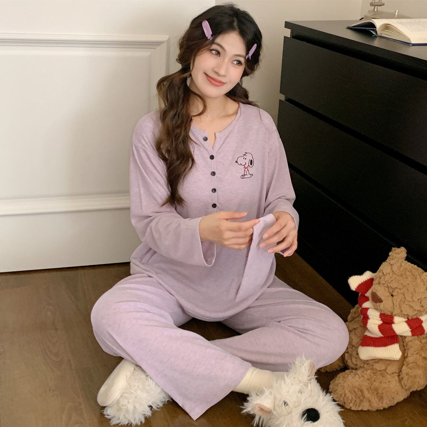 孕妇睡衣产后喂奶住院哺乳套装带胸垫发带莫代尔月子服长袖薄夏季