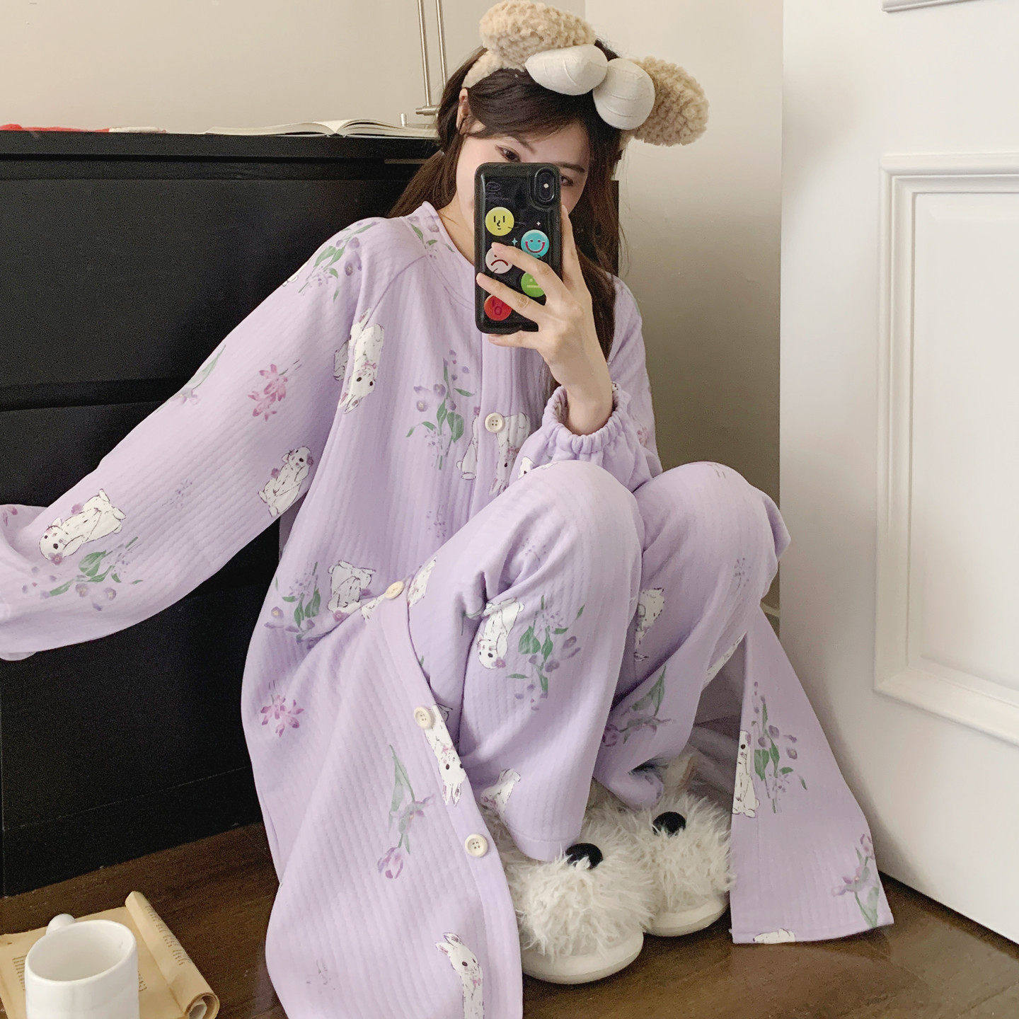 长款孕妇睡裙裤两件套空气棉待产进产房哺乳期月子睡衣秋冬产检裙