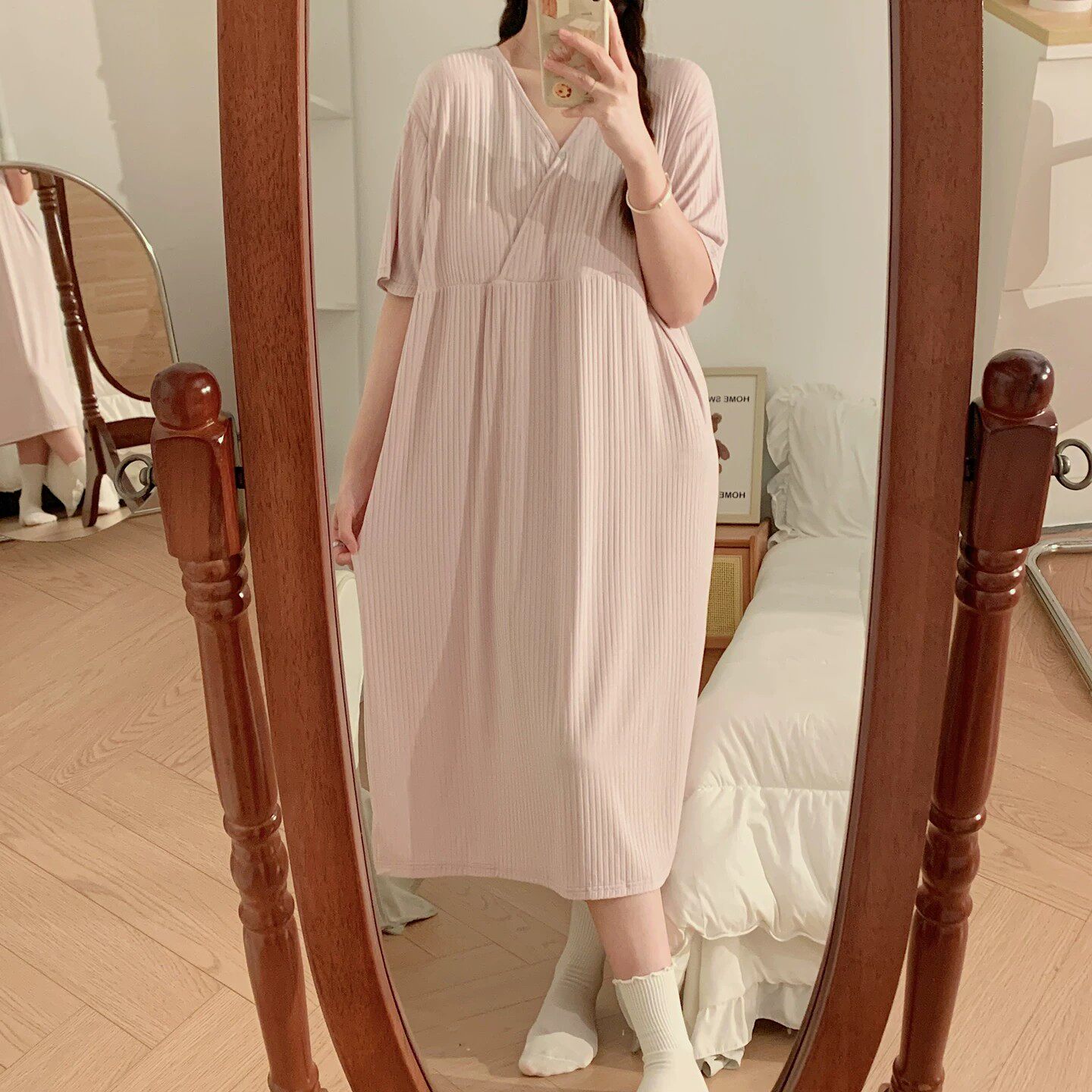 莫代尔短袖孕妇睡裙产后哺乳带胸垫月子长裙产妇喂奶春夏薄款发带