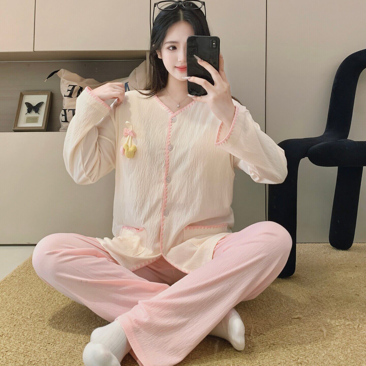 夏季孕妇睡衣甜美圆领带胸垫月子服春秋产后喂奶衣云朵棉哺乳待产