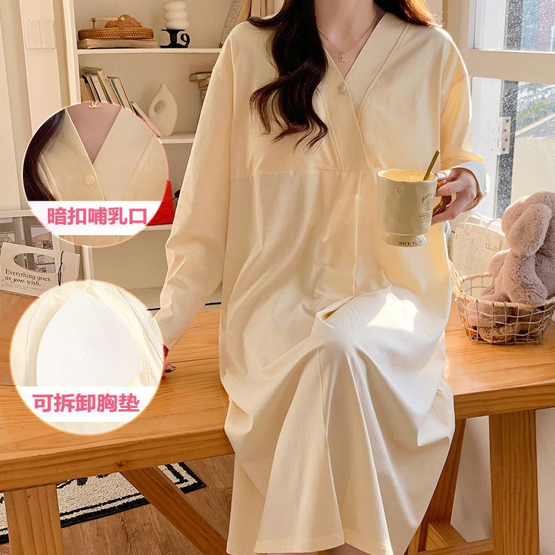 纯棉孕妇睡裙带胸垫待产裙加裤子春秋季产房产检中长款哺乳连衣裙